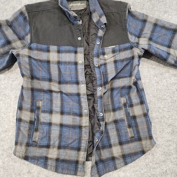 Eddie Bauer Mens L Large Cotton Plaid Flannel Snap Insulated Shacket Jacket - Picture 11 of 16